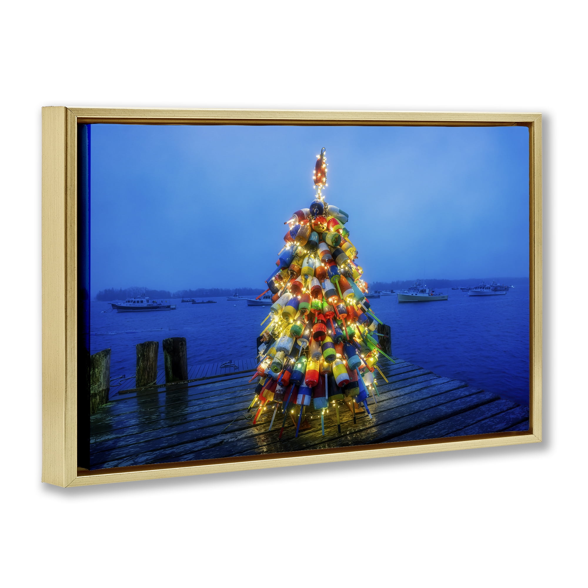 Stupell Industries Lit Bouys Christmas Tree Holiday Painting Gold Floater Framed Canvas Art Prints Wall Art, 25 x 17