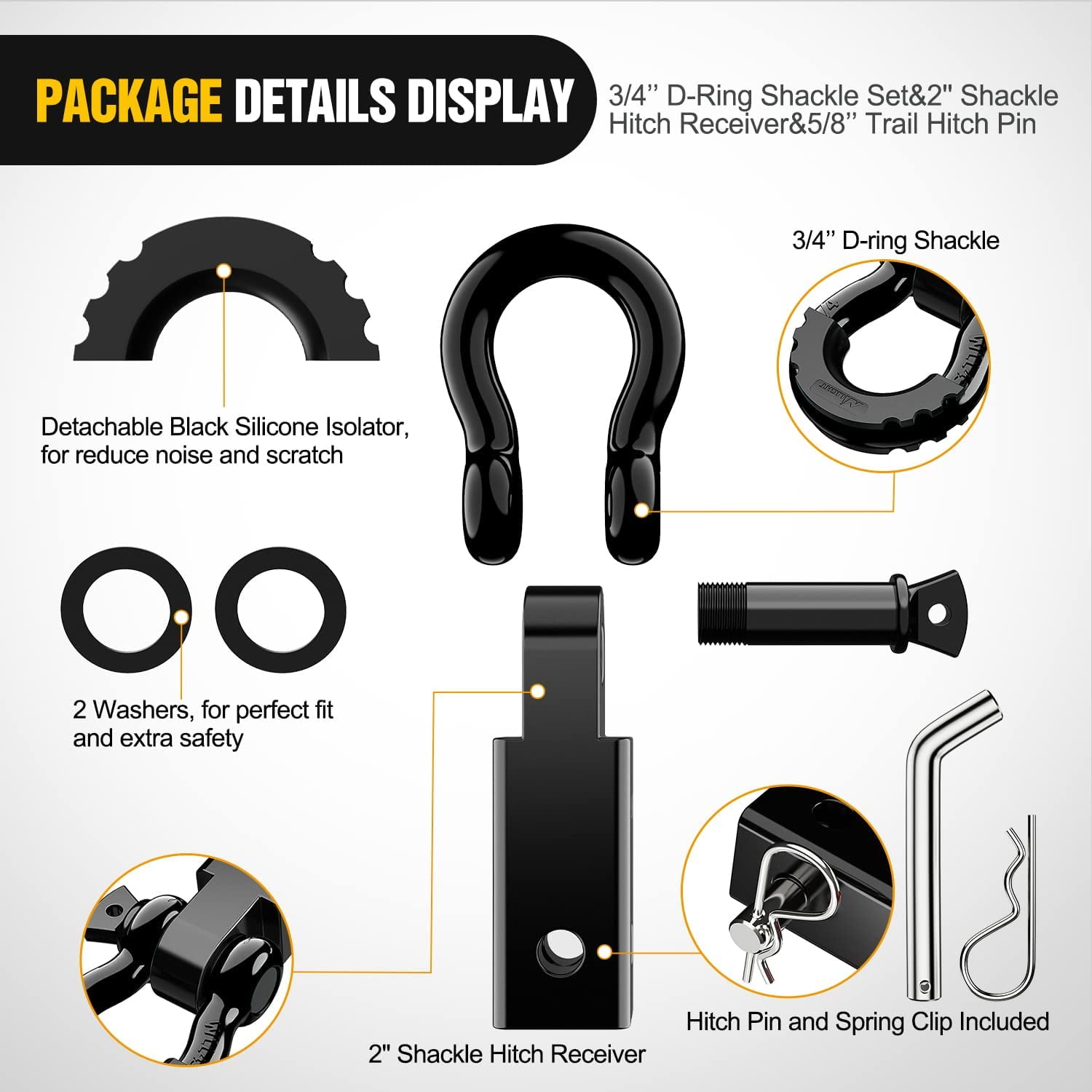 Nilight Shackle Hitch Receiver 2Inch 45000 lbs Breaking Strength 3/4" D Ring Shackle w/Trailer Hitch Pin Heavy Duty Solid Recovery Towing Kit for Trucks Jeeps Off-Road