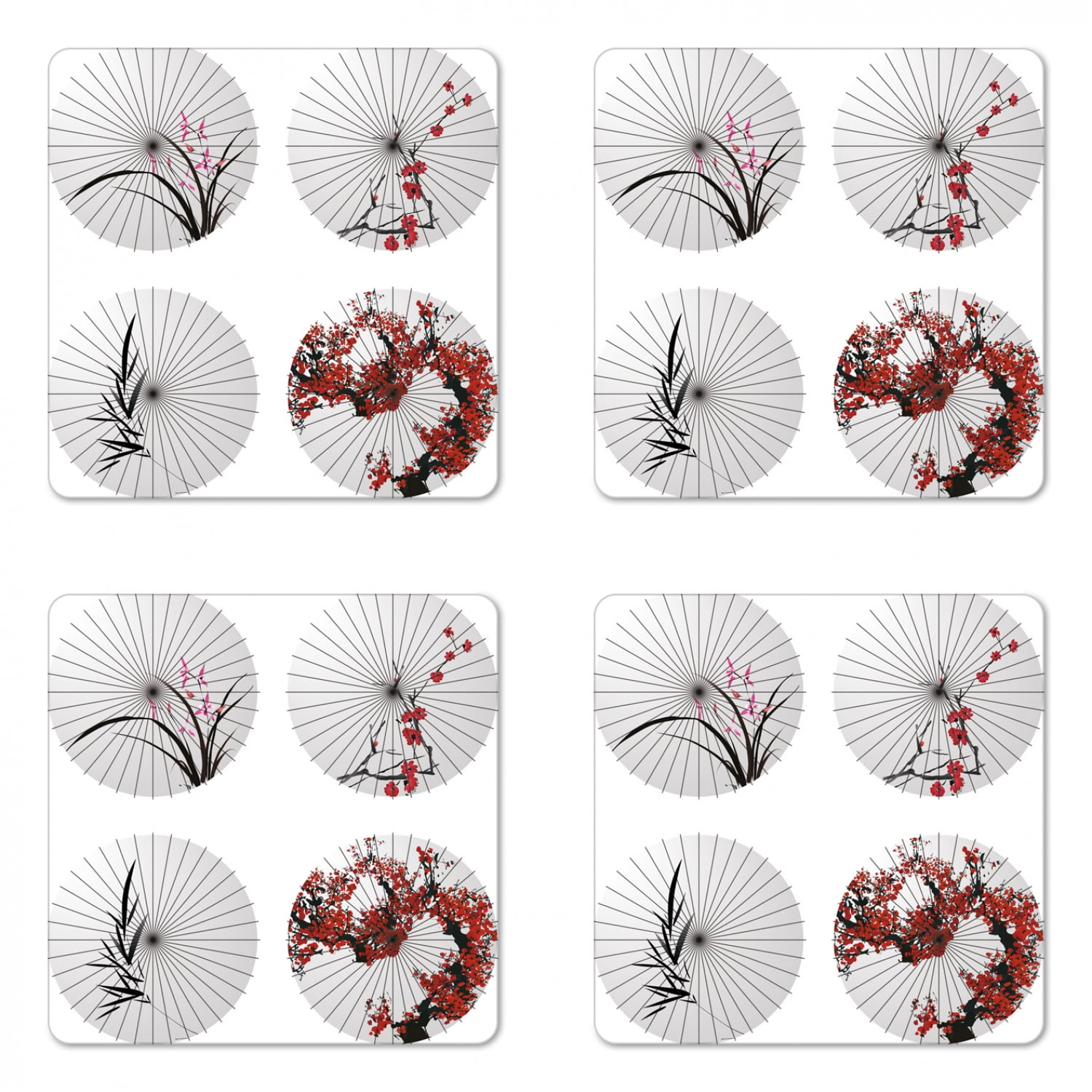 Japanese Coaster Set of 4, Group of Parasol with Swirled Floral Lines and Bamboo Leaves Artwork