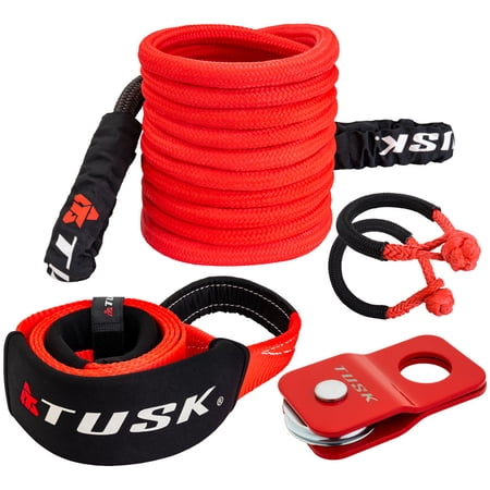 Tusk Heavy Duty UTV/ATV Kinetic Recovery Kit with Kinetic Rope (5/8” x 20’) Tree Strap (3 x 8 ) Forged Steel Snatch Block and Two Soft Shackles (Stage 3 Steel)