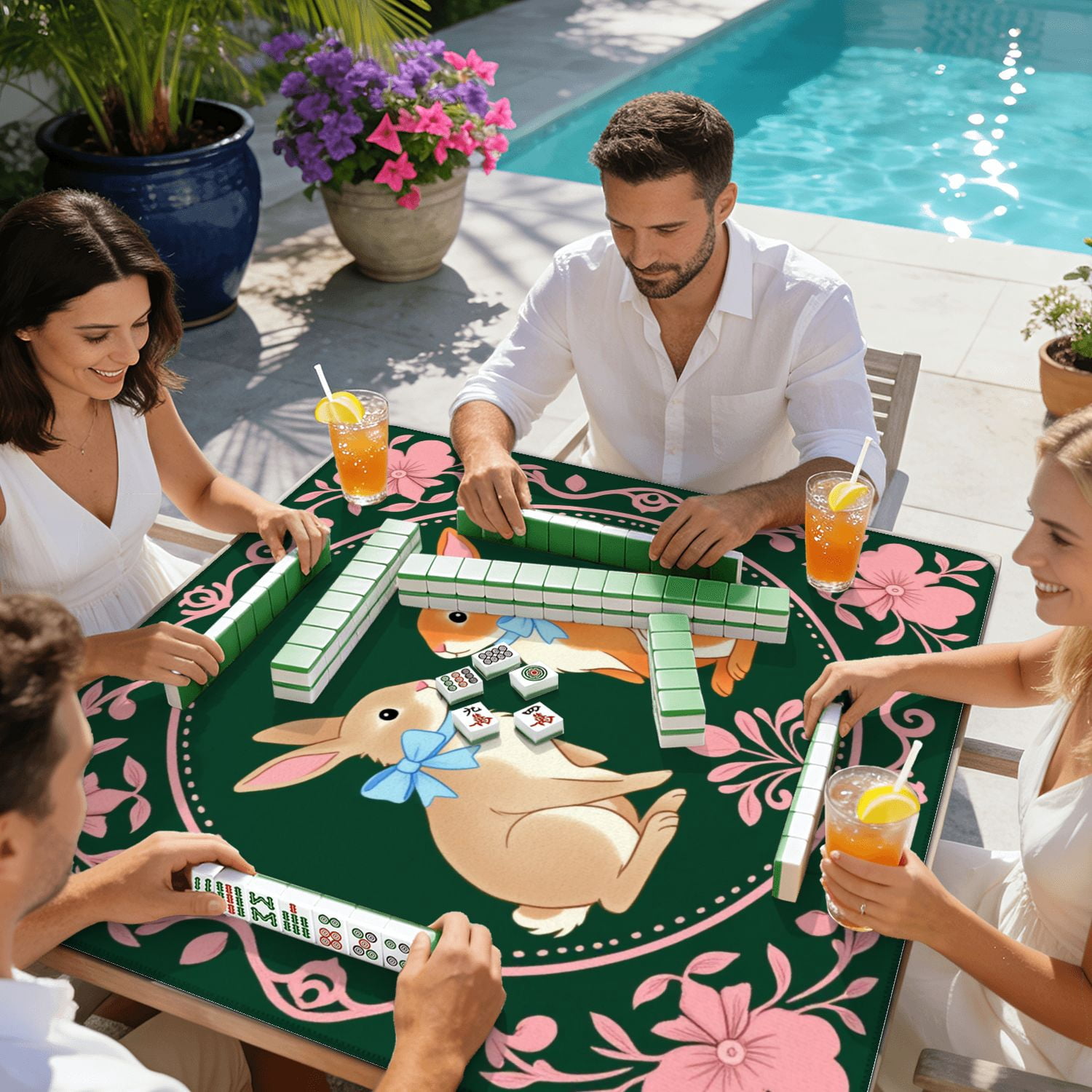 Mahjong Mat 31.5" x 31.5" Cute Pair Bunnies Blue Bows Surrounded by Floral Non-Slip Noise Reduction American Mahjong Tiles Table Cover for Dominoes Poker Card Board Games Gift