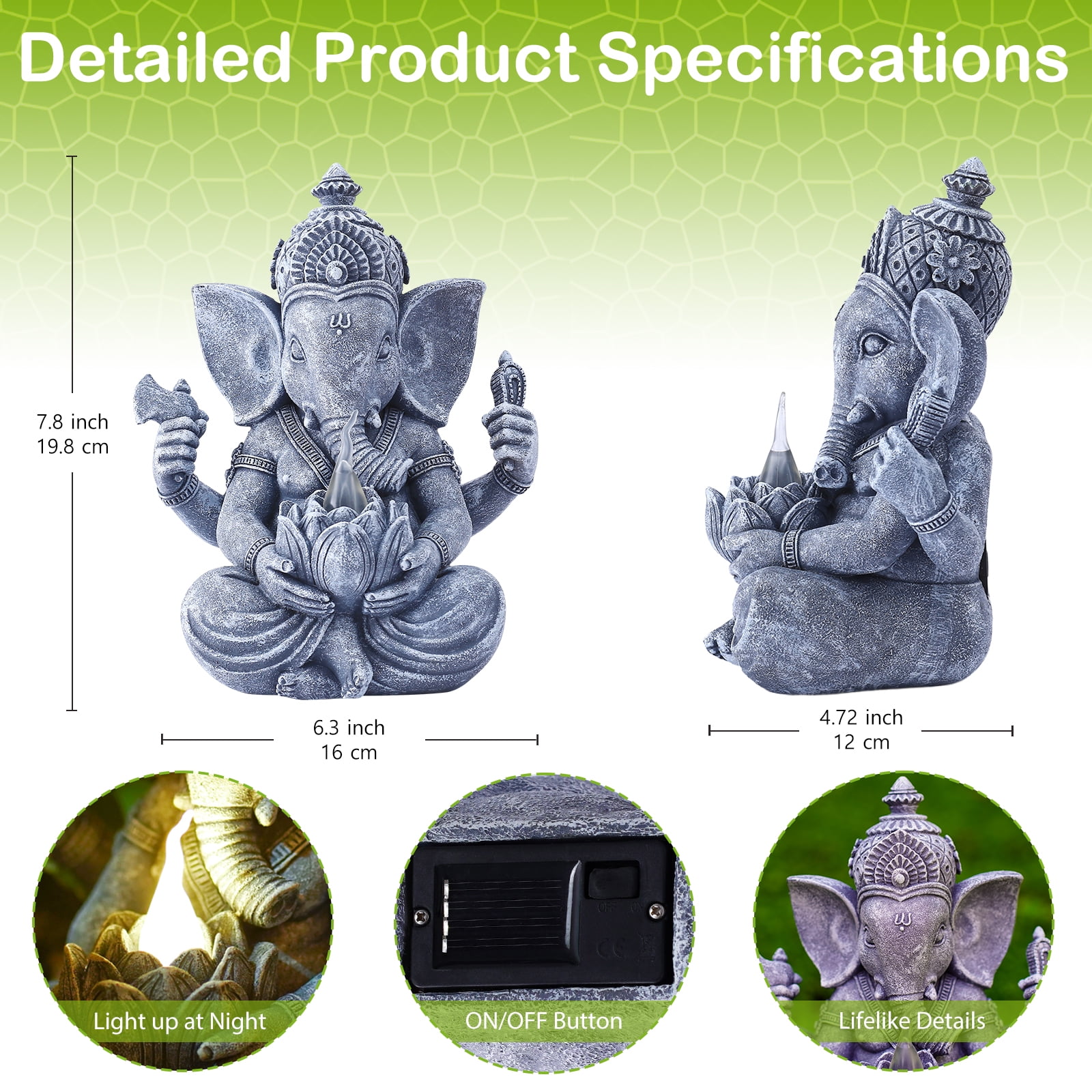 Solar Ganesha Elephant Garden Statues -Outdoor Sculptures with Lotus Lights Decor for Garden Yard Art