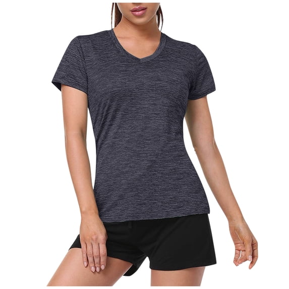 Summer Polyester Short Sleeve Workout Athletic T Shirts for Women Gray Activewear V-Neck V Neck Moisture Wicking Sport Top M