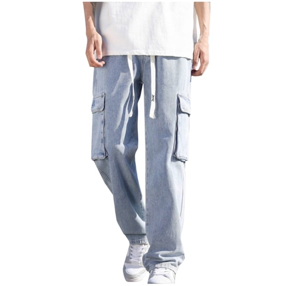 Klisyaur Mens Cargo Pants Loose Jean Pant High Waist Drawstring Wide Leg Fashion Denim Pants with Pockets