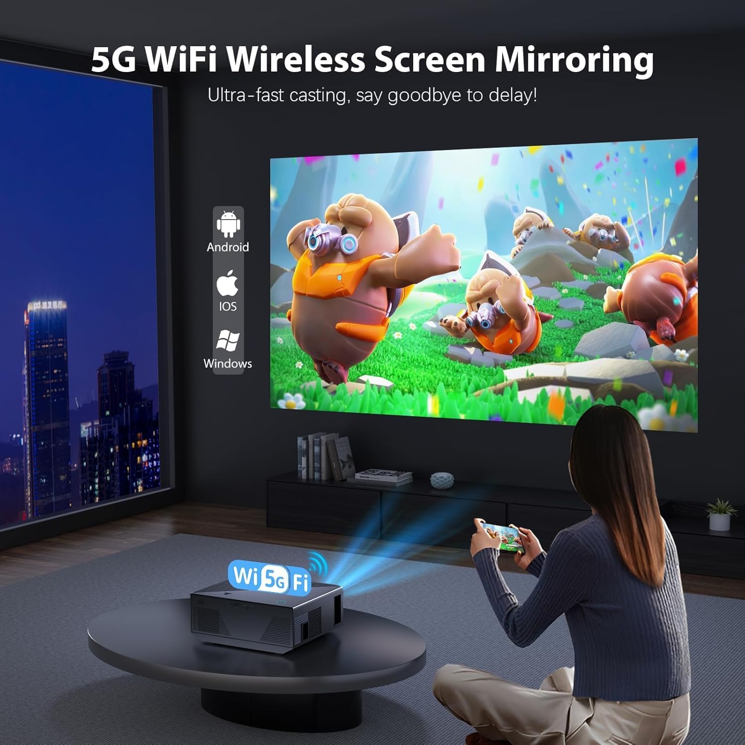 Projector with WIFI and Bluetooth, 1080P Native Full HD Video Projector, 18000L Movie Projector, 300" Max Bild Compatible with Android/iOS/Laptop/TV Stick/X-Box/HDMI/USB（Grey)