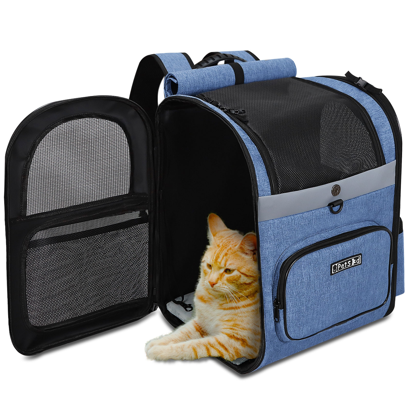 PETSKD Pet Carrier Backpack for Dogs Cats, 13x11x16.5 inches Outdoor Travel Backpack with with Safety Lock Zipperl, Large Space Foldable Backpack for Pets Under 20 lbs, Blue