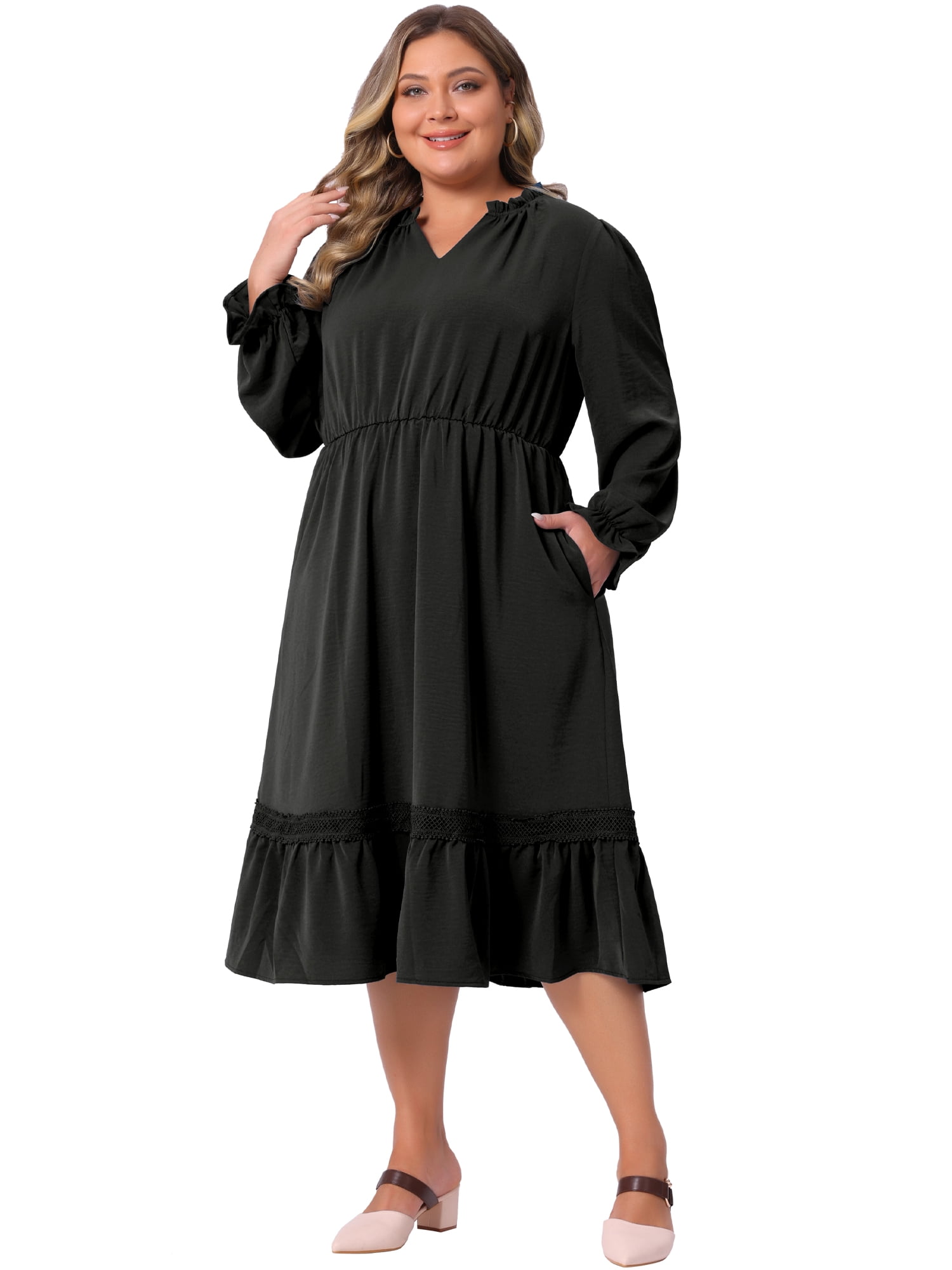 DARING DIVA Women's Plus Size Ruffle V Neck Long Sleeve Midi Casual Dress 2X Black