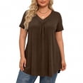 thumbnail image 5 of Trendy V Neck Pleated T Shirts for Women Plus Size Short Sleeve Tops Comfortable Soft Solid Color Loose Fit Curved Hem Dressy Summer Tees Coffee 5XL, 5 of 6