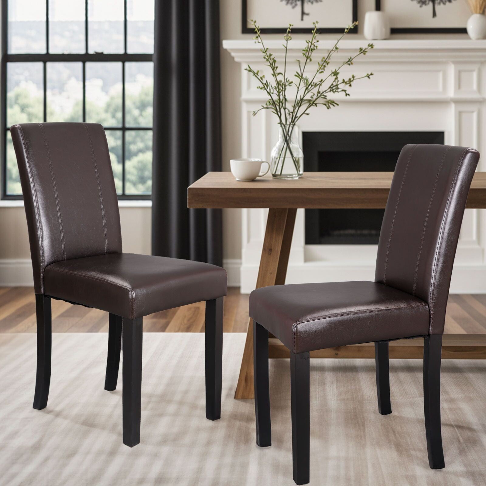 HomGarden 2 Pack Modern Upholstered Leather Indoor Dining Chair High-Back Padded Parson Chair Brown