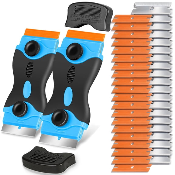 Double-Ended Razor Blade Scraper Tool with 10 Metal and 10 Plastic Blades, 2-in-1 Multipurpose Scraper for Car Film, Kitchen Cleaning and Glue Removal, 4.5-Inch