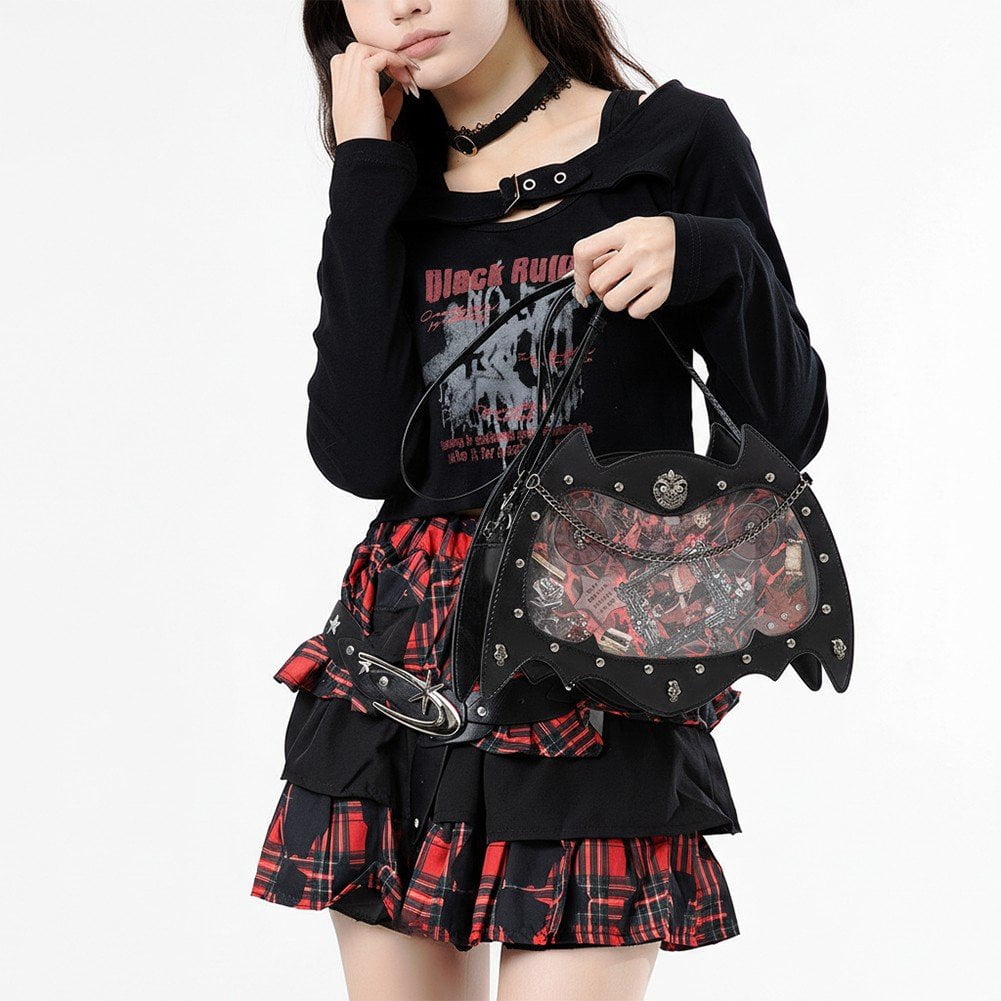 Jiibva Punk Style Crossbody Bag Gothic Dark Pain Bag Cartoon Bat Cat Shaped Shoulder Bag PU Leather Messenger Bag