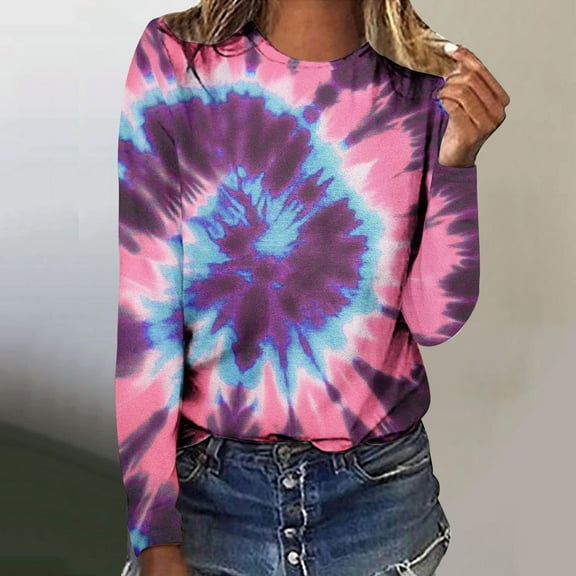 VgaVtl Pink T Shirts for Women Long Sleeve Tops for Women Under $10 Tie-Dye Print Casual Loose Tops