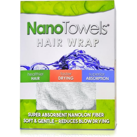 nano towels hair drying wrap twisty towel. the natural anti frizz wrap - safer for your hair and dries fast. replaces hair dryers, cotton bath towels & microfiber cloth. one size fits all. 10 x 26