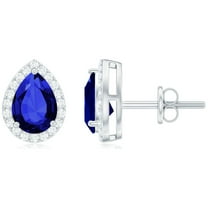 Rosec Jewels Pear Shaped Sapphire Halo Stud Earring with Moissanite - 5X7 mm Created Blue Sapphire, 18K White Gold