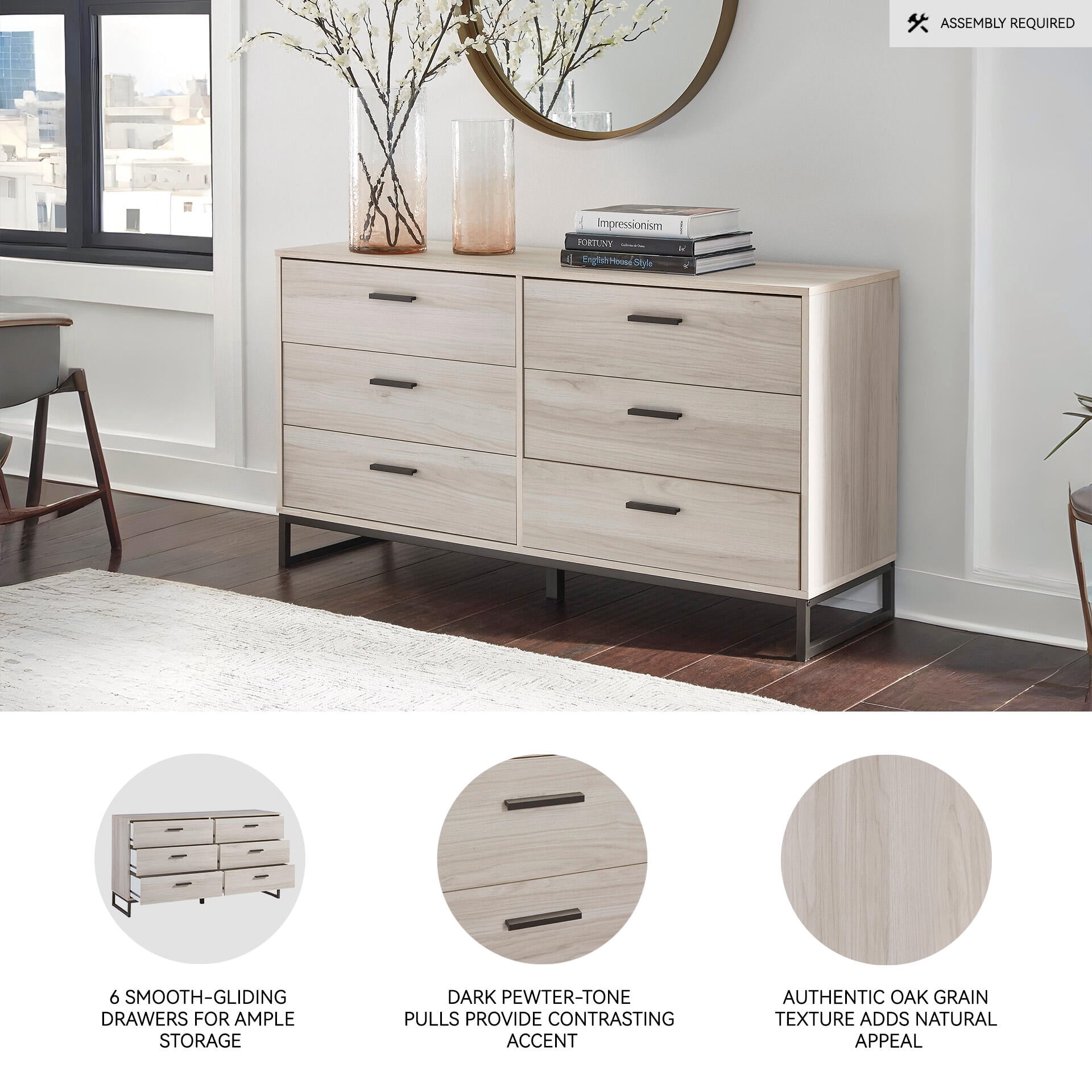 Signature Design by Ashley Socalle Six Drawer Dresser, Light Natural Brown, Modern Oak Grain, Pewter-Tone Pulls