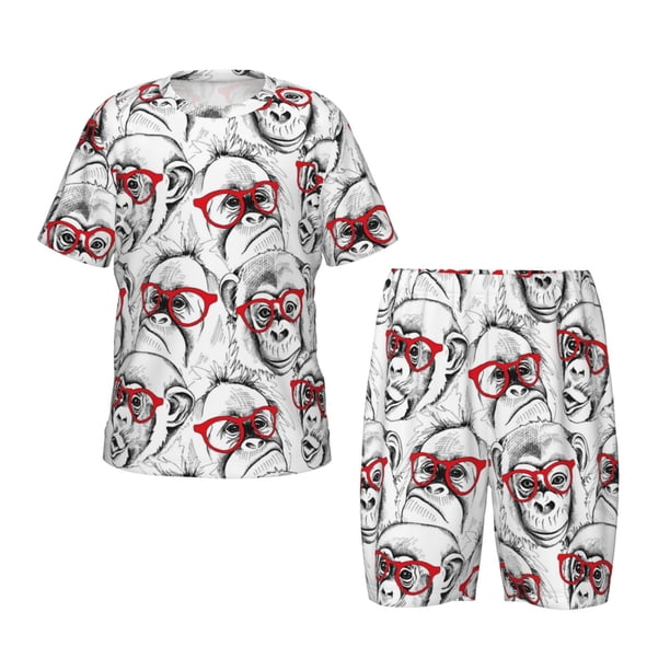 Balery Monkey Conjunto de Pijama Infantil de Manga Corta con Estampado – Ropa de Dormir de Algodón Suave-Large