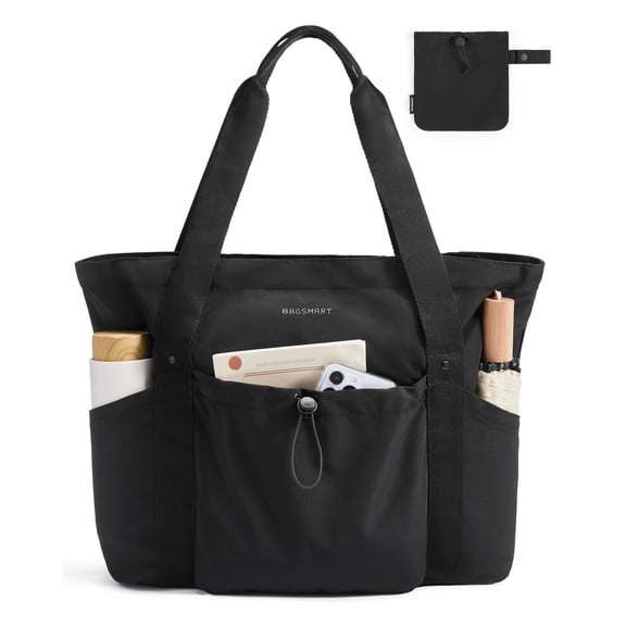 BAGSMART Tote Bag for Women, Tote Shoulder Bag with Laptop Compartment and Zipper Handbag for Travel, Work, Black