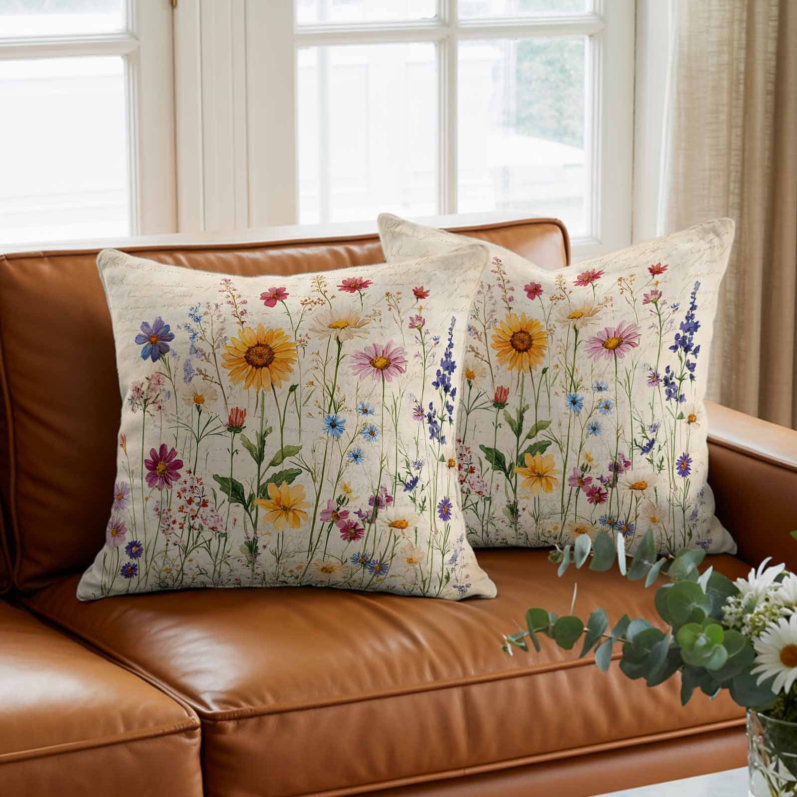 Spring Floral Pillow Covers 18x18 Inch, Vintage Pastoral Rustic Botanical Flowers Linen Pillowcase with Invisible Zipper, Decorative Throw Pillow Covers Cushion Case for Couch Sofa Bed Living Room