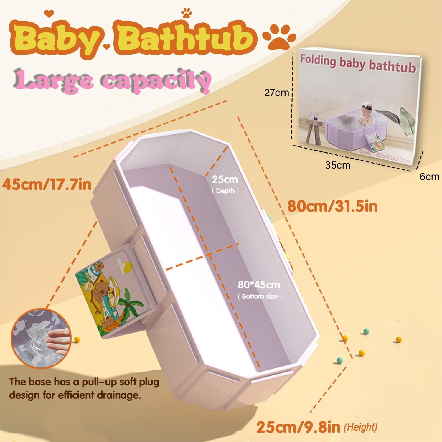 Baby Foldable Children's Bathtub, Portable Non-Slip Shower Tray for Kids, Toddler Bath Tub with Drain Plug, Boys and Girls Bathroom Water Pool, Cat and Dog Pet Wash Shower Basin (Pink)