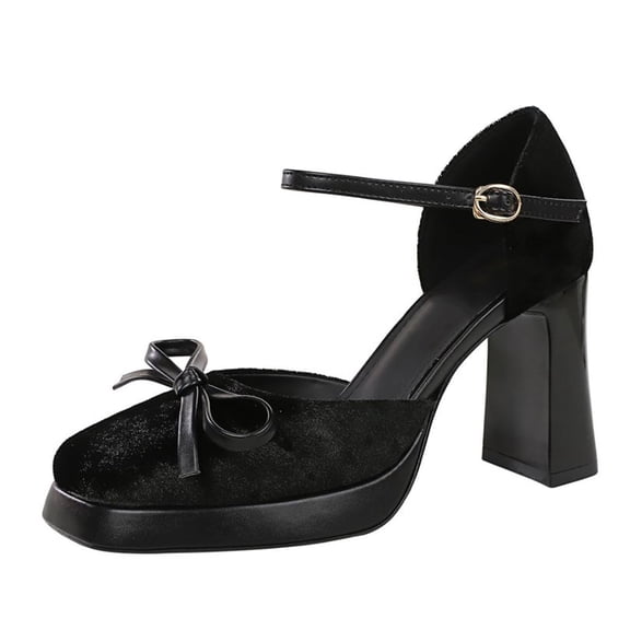 Women Square Toe High Heels 9CM Sexy Pumps Adjustable Buckle Strap Faux Suede Bow Fashion Dress Shoes Wedding Evening Party