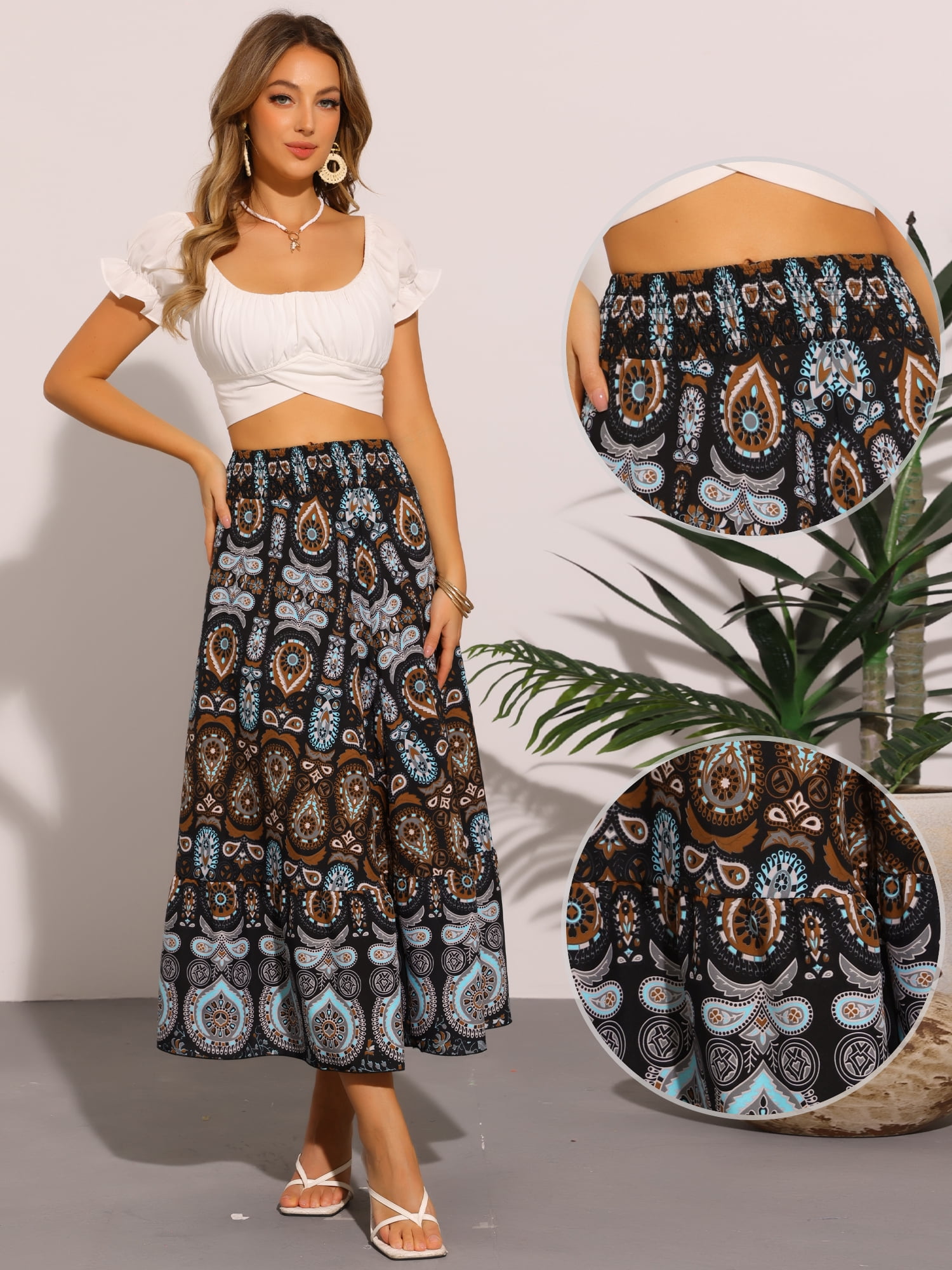 DARING DIVA Women's Boho Floral Casual Beach Flowy Maxi Skirt XS Black