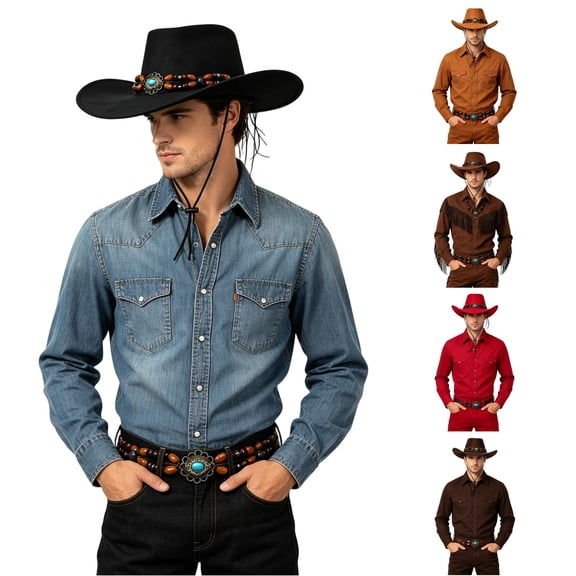 XIAOCHA Mens Beaded‑Band Cowboy Hat Solid Wide‑Brim Hat Western Rodeo Hat,Black