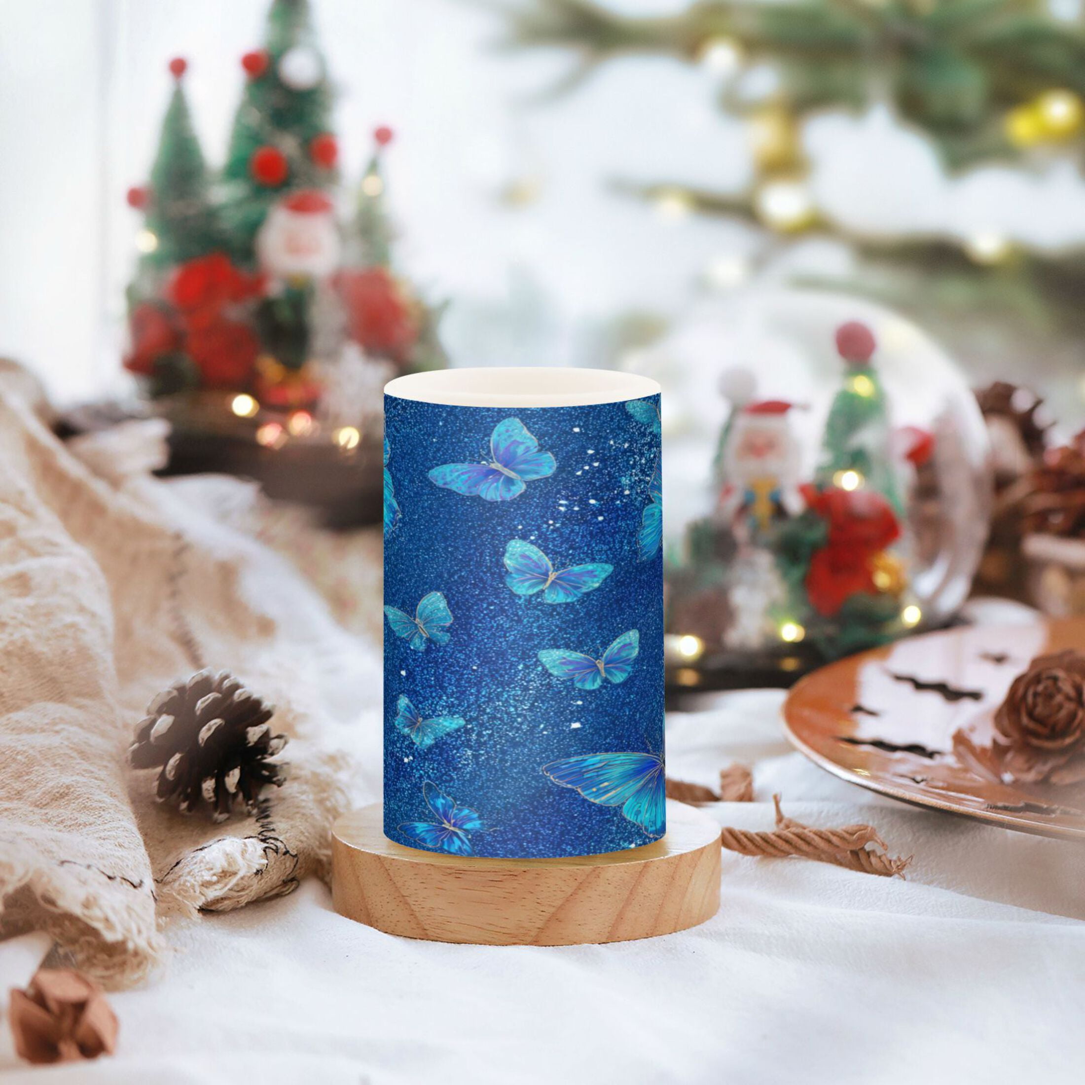 2 PCS LED Flicker Flameless Candle with Remote Control Realistic 3D Wick LED Window Decoration Candle Set for Wedding Table Home Decor Favors Blue Glitter Butterfly