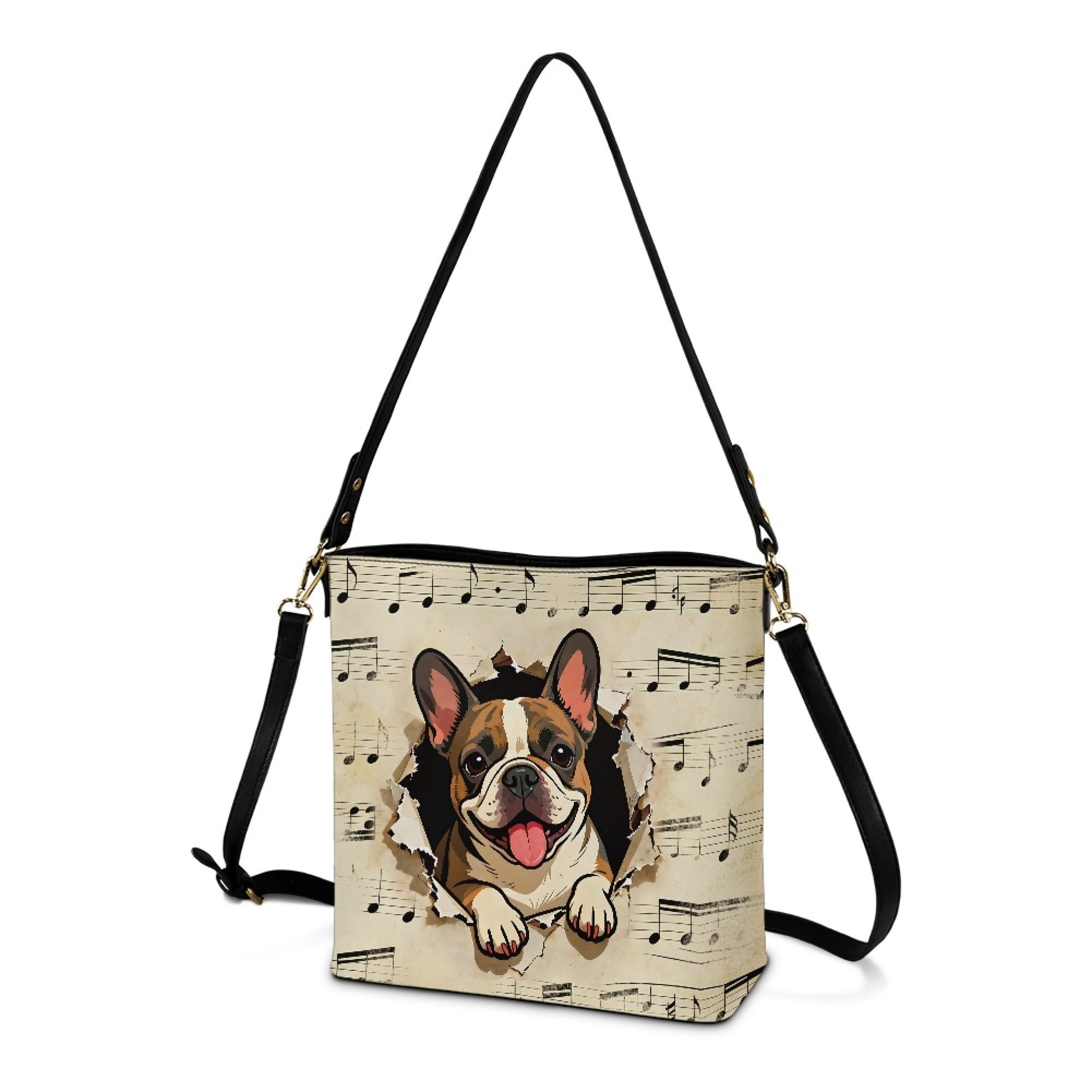 Kuiaobaty French Bulldog Print Crossbody Bag for Women, Musical Note Print Shoulder Handbag Crossbody with Adjustable Strap, Waterproof Leather Bucket Tote Bag for Travel, Beige