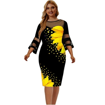 

Charella Women s Large Patchwork Dress Hip Wrap Skirt Long Sleeve Casual Swing Dress Longuette Dress Yellow XXXL