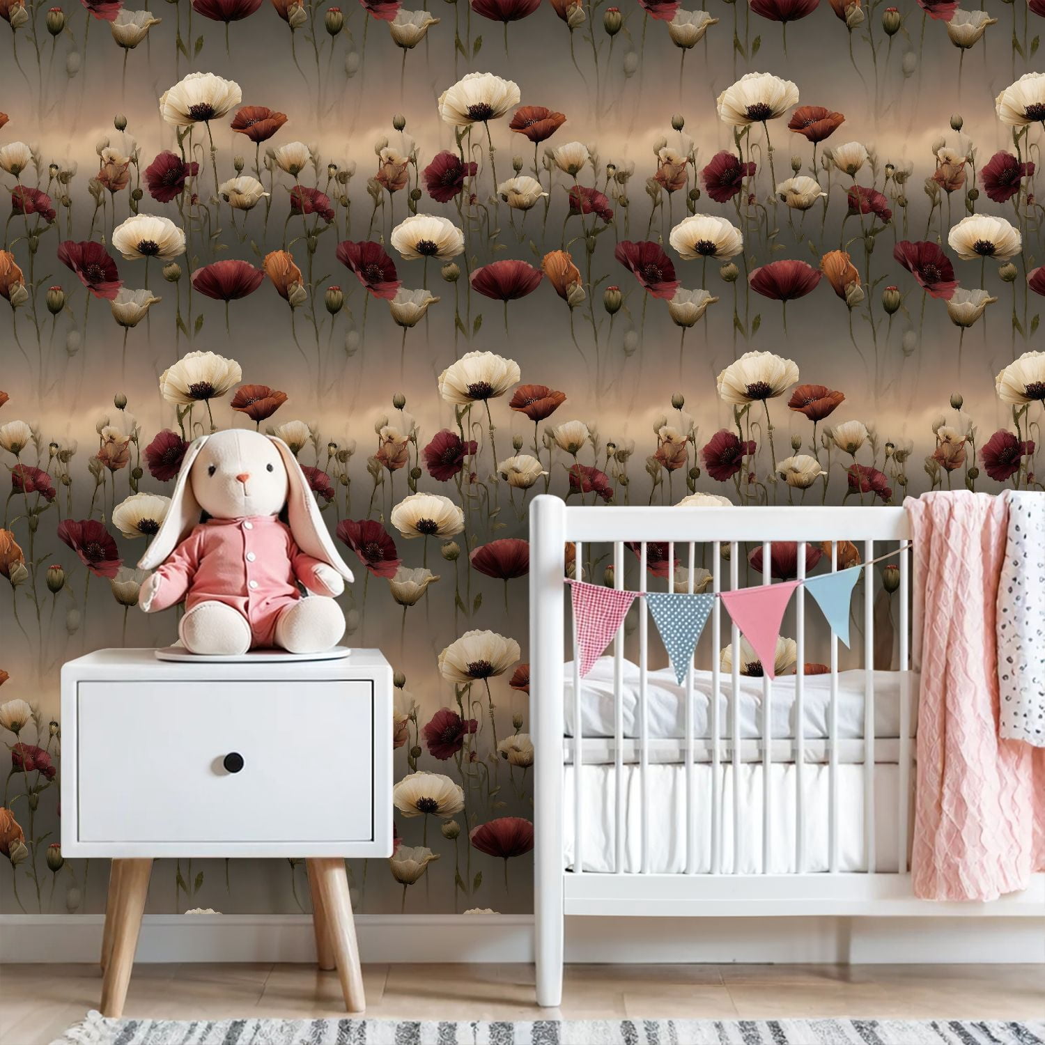 Vintage Peel and Stick Wallpaper Poppy Field Twilight Serene Glowing Blooms Soft Petal Wall Mural 23.6in x 9.8ft Self Adhesive Removable Wall Paper Floral Contact Paper for Nursery Bedroom Cabinets
