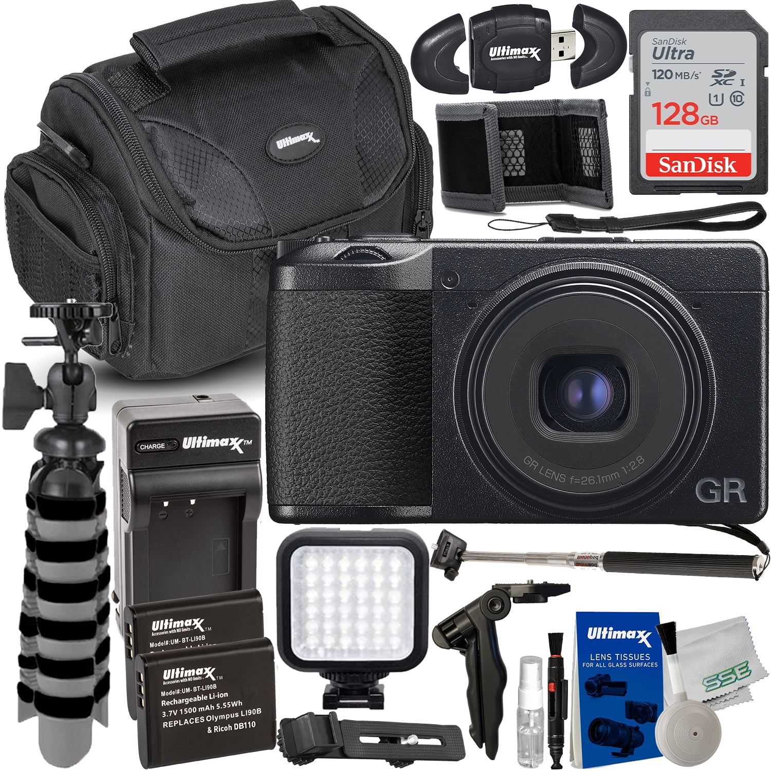 Ricoh GR III Camera: 128GB SDXC, 2x Batteries, LED Light