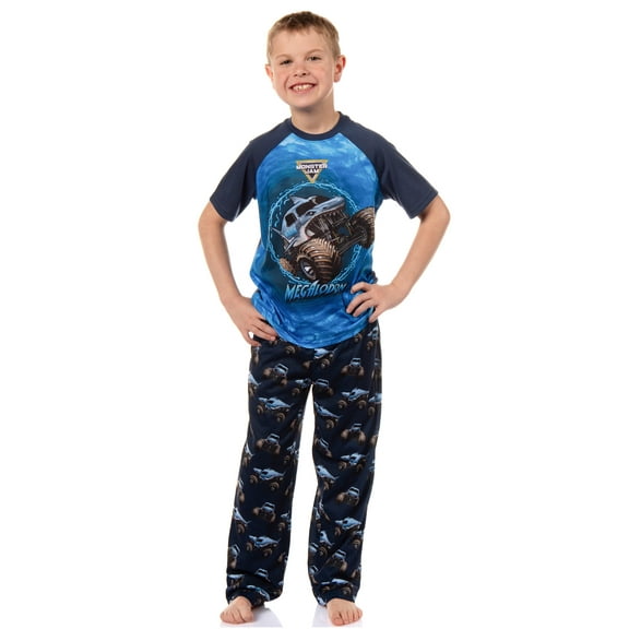 Monster Jam Boys' Megalodon Predator Truck Sleep 2 Piece Short Sleeve Shirt Pajama Pant Lounge Set
