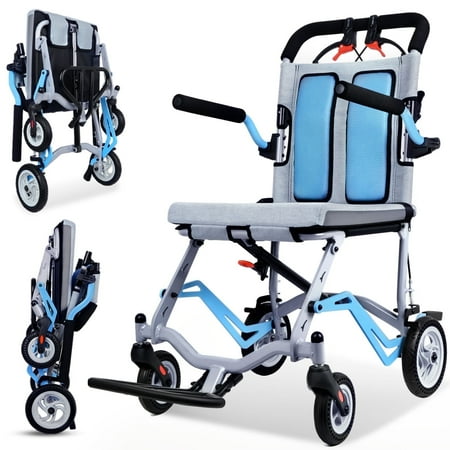 Wisging Ultralight Travel Transportation Wheelchair, Lightweight Foldable with Telescopic Handbrakes, 19 lbs Portable Folding Wheelchair for Seniors