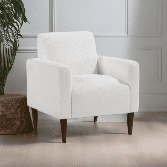 Dtwnek Modern Armchair with Wood Legs, Boucle Accent Chair for Living Room, Office, Bedroom, White