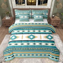 Manfei Retro Boho Aztec 7pcs Bedding Comforter Set,bohemian Exotic Style Queen Bedding Sets,Cyan Beige Rhombus Queen Sheet Sets For Boys Kids,Luxury Bedroom Decor Reversible