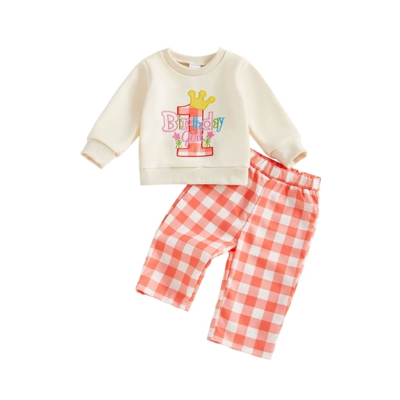 BemeyourBBs Baby Girl My First Birthday Outfit One Years Old 1st Birthday Fall Winter Clothes Long Sleeve 1st Birthday Letter Embroidery Crewneck Sweatshirt Tops Plaid Pants Set