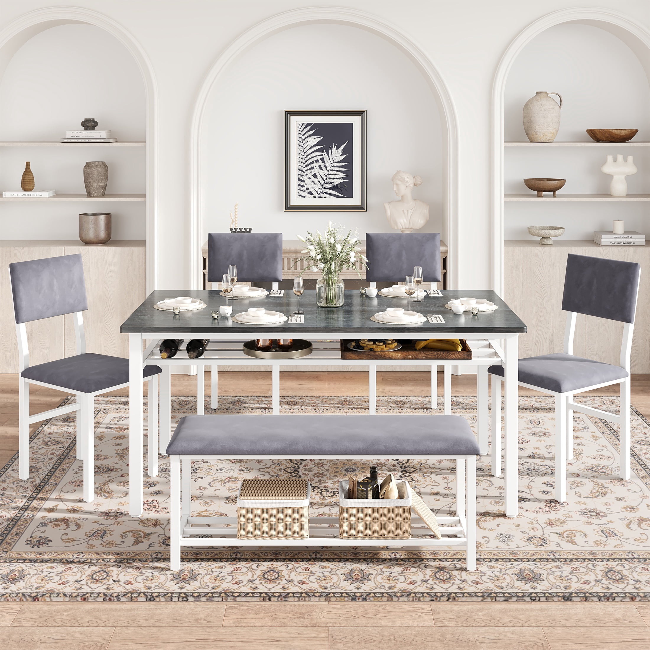 PORKISS Dining Table Set for 6, 6-Piece Dining Room Set with Wooden Table Top, Velvet Upholstery Chairs and Bench, Kitchen Table and Chairs Set with Metal Frame Storage, Dinette Sets, Gray+White