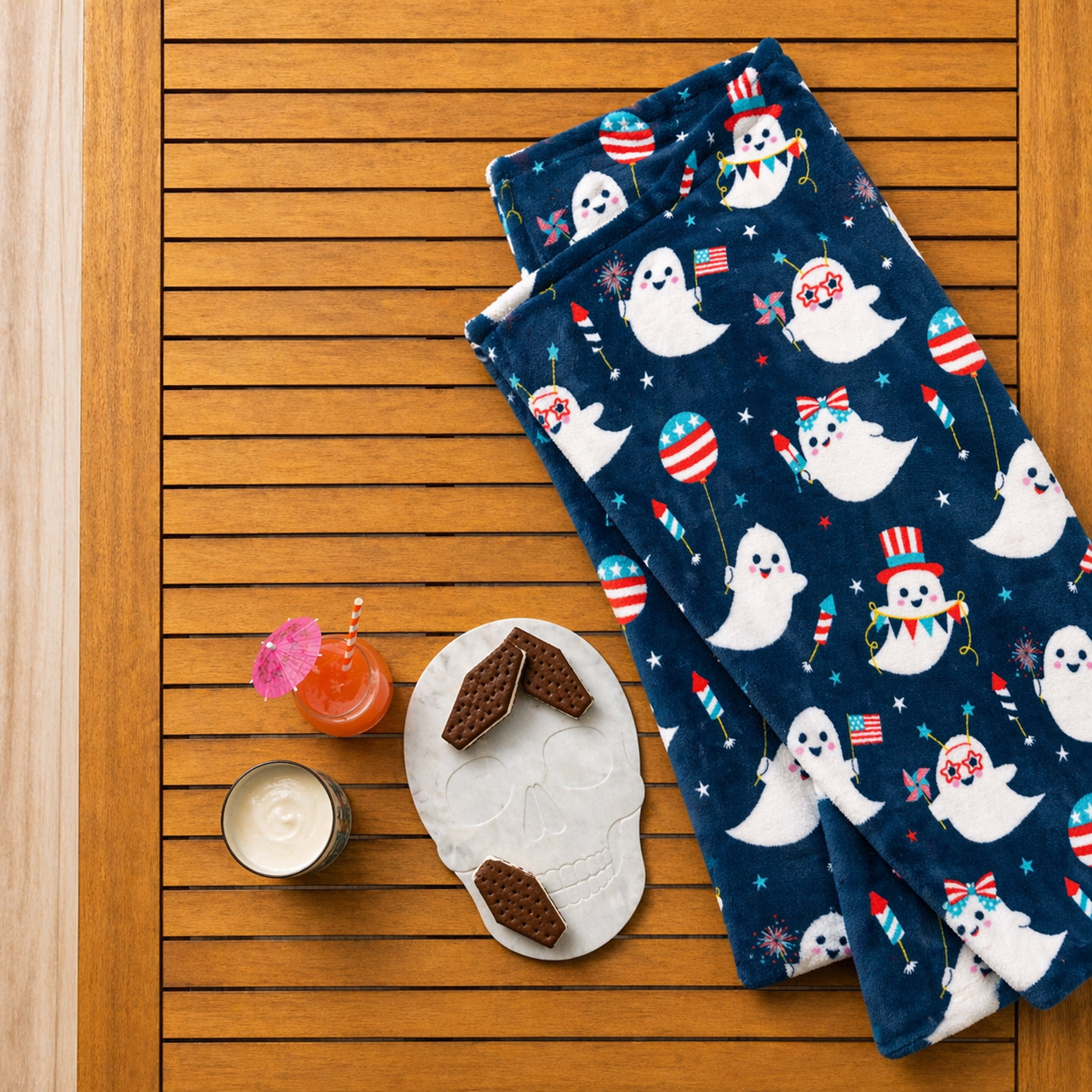 Summerween Oversize Super Soft Plush Throw Blankets, Summer Patio Pool Halloween Throws, AMERICANA GHOSTS