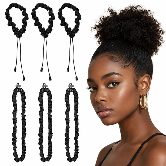 6 Pack Adjustable Drawstring Hair Ties 3 Black Scrunchies 3 Satin Non Slip for Thick Curly Hair
