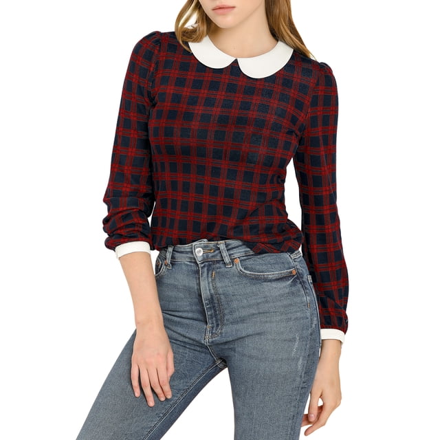INSPIRE CHIC Women's Peter Pan Collar Contrast Long Sleeve Plaid Shirt