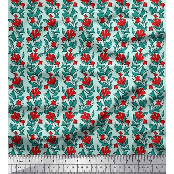 Soimoi Polyester Crepe Fabric Leaves & Floral Block Decor Fabric Printed Yard 52 Inch Wide