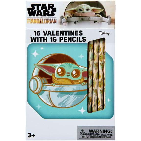 Grogu Valentine Exchange Cards, Pencils, Classroom, Multi-Color, Paper, 16 Count