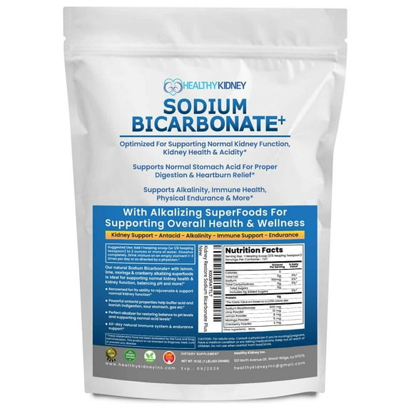 Healthy Kidney Sodium Bicarbonate , Alkaline Supplement For Alkalinity, Support Kidneys & Stomach Acid Neutralizer with Alkaline Superfoods. Sodium Bicarbonate Powder Kidney Immune, 1 lb.