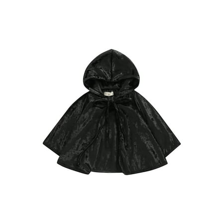 

Frobukio Kids Halloween Hooded Cloak Double-layer Tie-up Solid Color Cape Cosplay Costume Velvet Coat Outerwear Black 12-18 Months