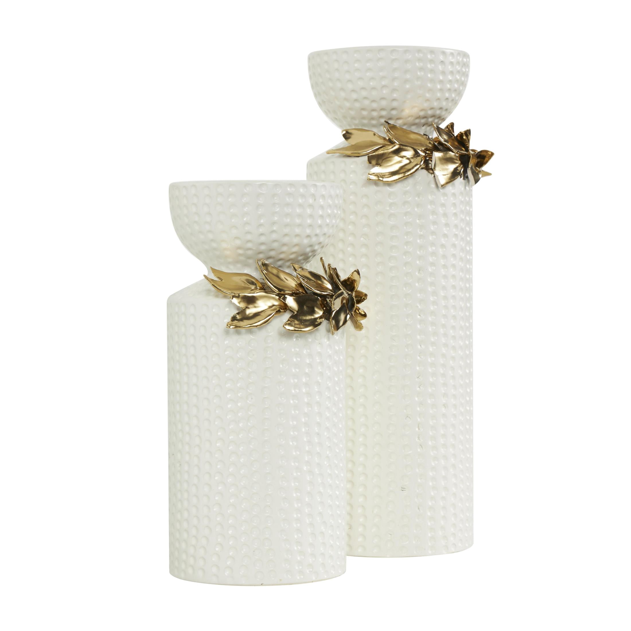 DecMode 2 Candle White Ceramic Leaf Candle Holder with Abstract Spotted Pattern and Gold Accents, Set of 2
