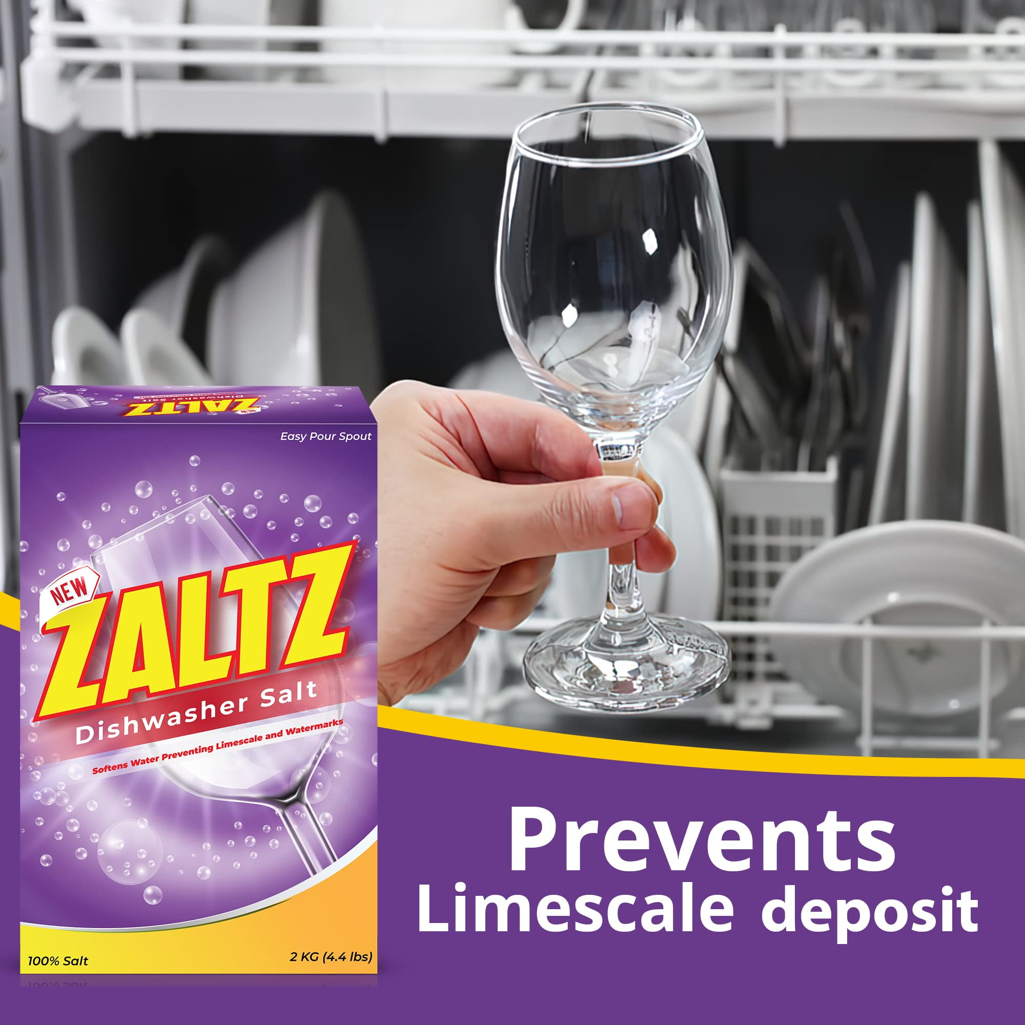 Zaltz Dishwasher Salt - Dishwasher Rinse Aid, Water Softener, Dishwasher  Cleaner, Rinse Aid, Easy Pour Spout, Real Salt For Dishwasher, 4.4 lb Box 