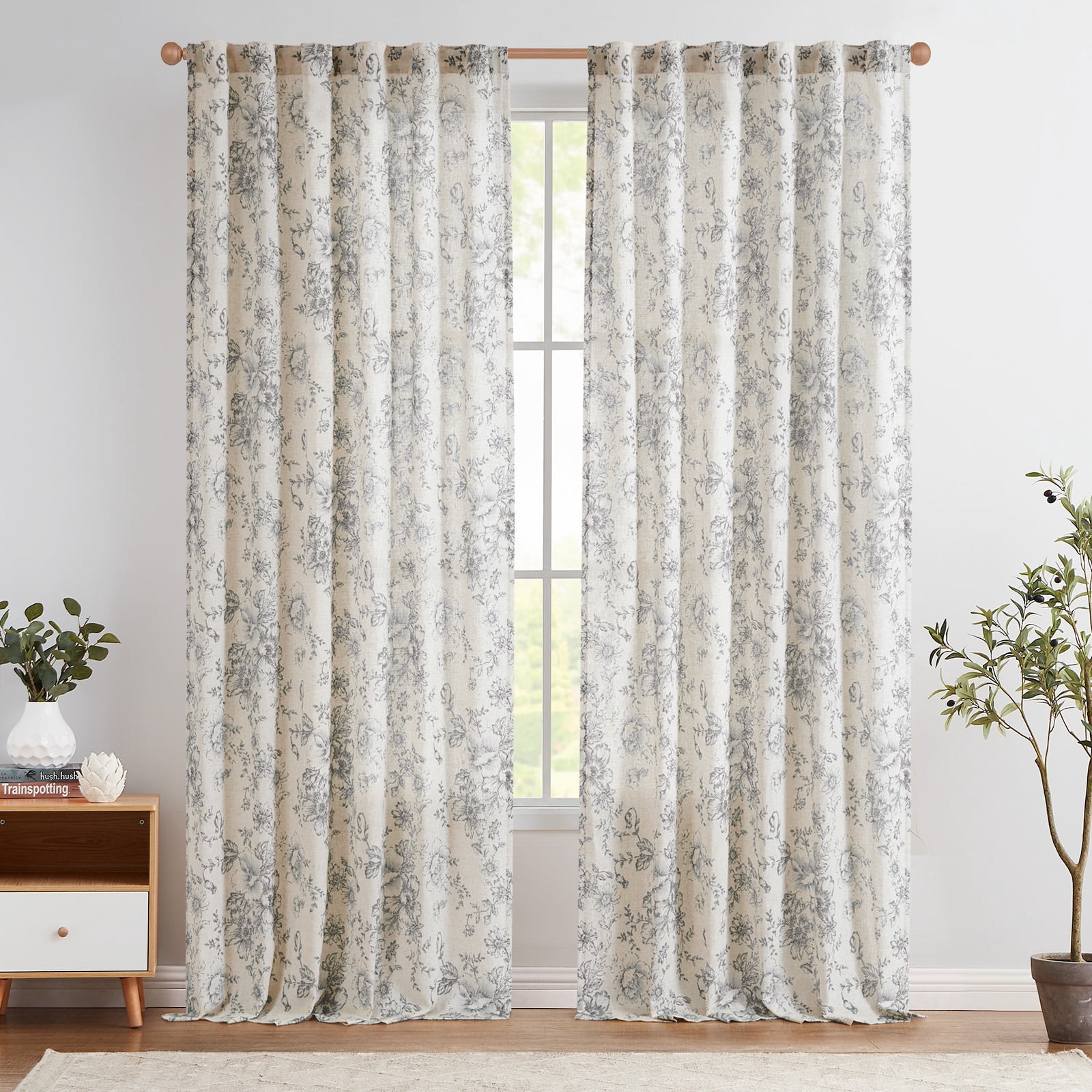CURTAINKING Linen Curtains Floral Curtains for Living Room 84 Inch Length Grey Printed Curtains Rod Pocket Back Tab Farmhouse Peony Flower Patterned Drapes Bedroom Window Curtain Set 2 Panels