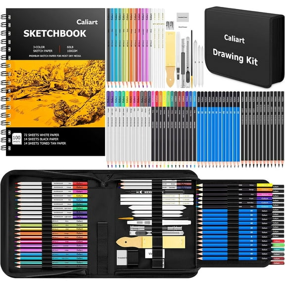 ZJQYDS 176PCS Art Supplies Sketching Kit with 100 Sheets 3-Color Sketch Book, Graphite Colored Charcoal Watercolor & Metallic Pencils, Drawing Set Christmas Gifts for Adults Teens Girls Boys Kids