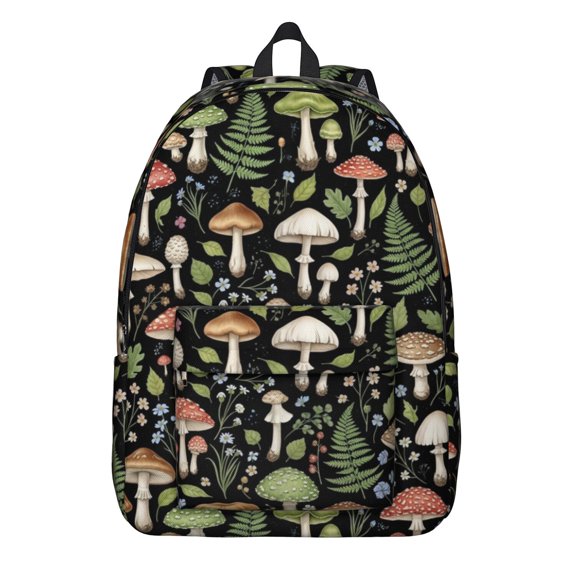 Mushroom and Fern Black Pattern Backpack for School, Cute School Bag with Adjustable Shoulder Straps and Padded Back, 15.7"x11.8"x5.5"