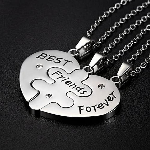 Limei 3 Pack Stainless Steel Sets of 3pcs Best Friends Forever Friendship Heart Puzzle Pendant Necklace,Silver,Gold,Black